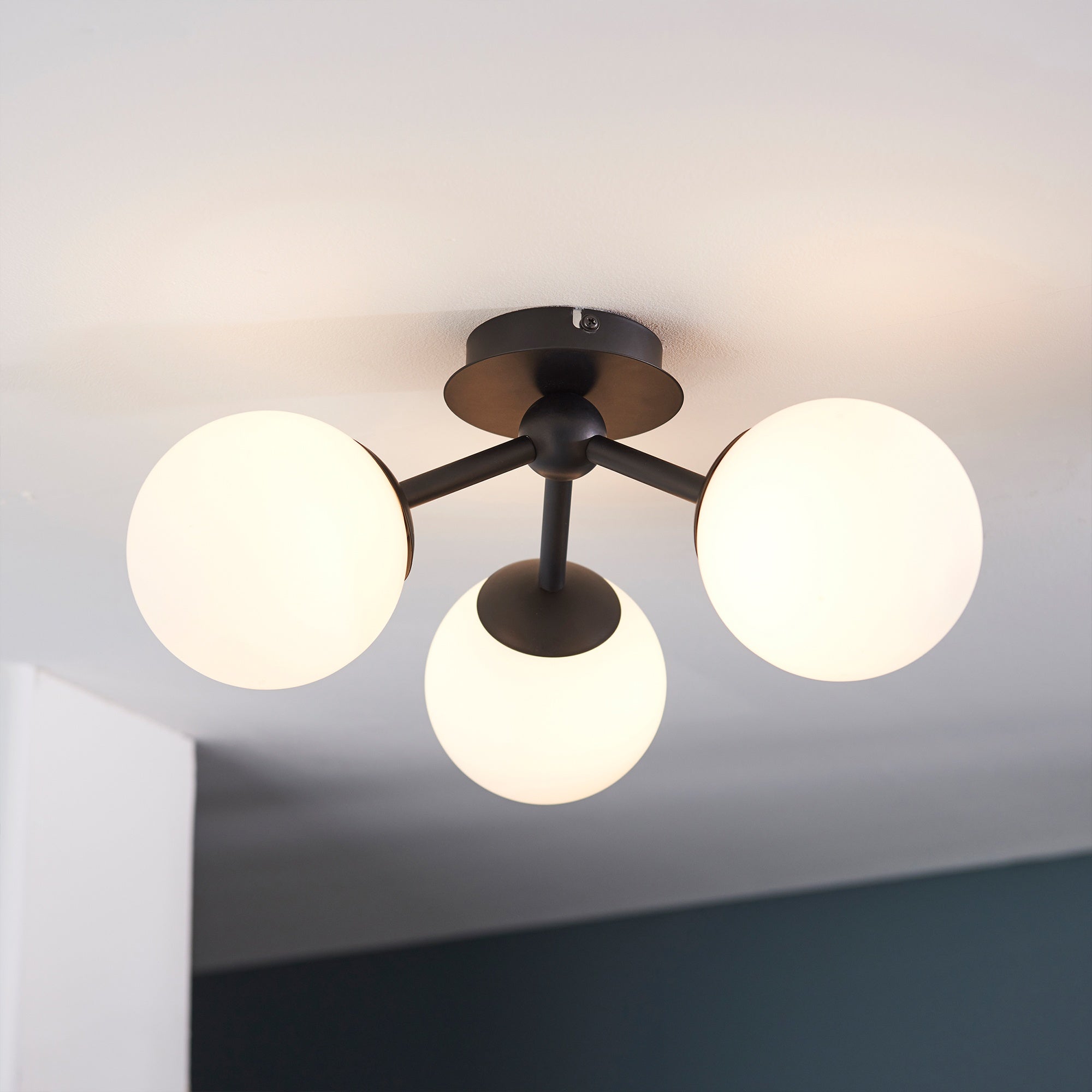 Pulsa IP44 Dimmable Semi-Flush Ceiling Light - Matt Black & White Glass - 3 x G9 Bulb Holders