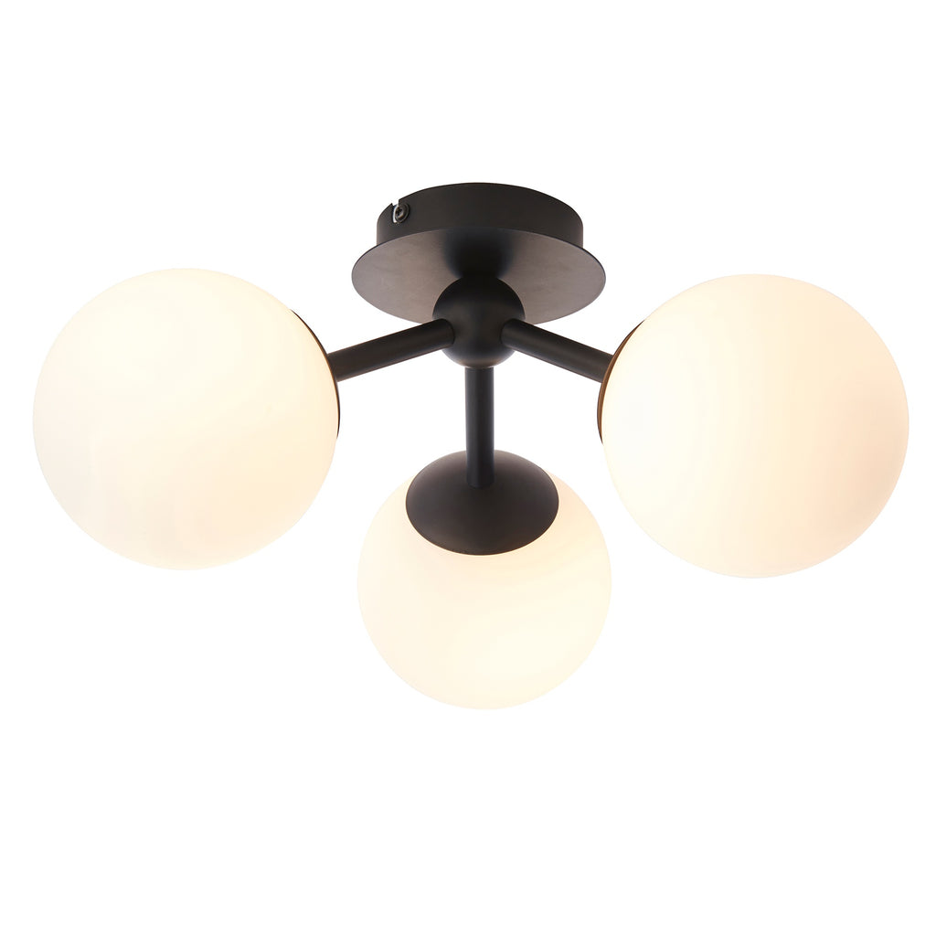 Pulsa IP44 Dimmable Semi-Flush Ceiling Light - Matt Black & White Glass - 3 x G9 Bulb Holders