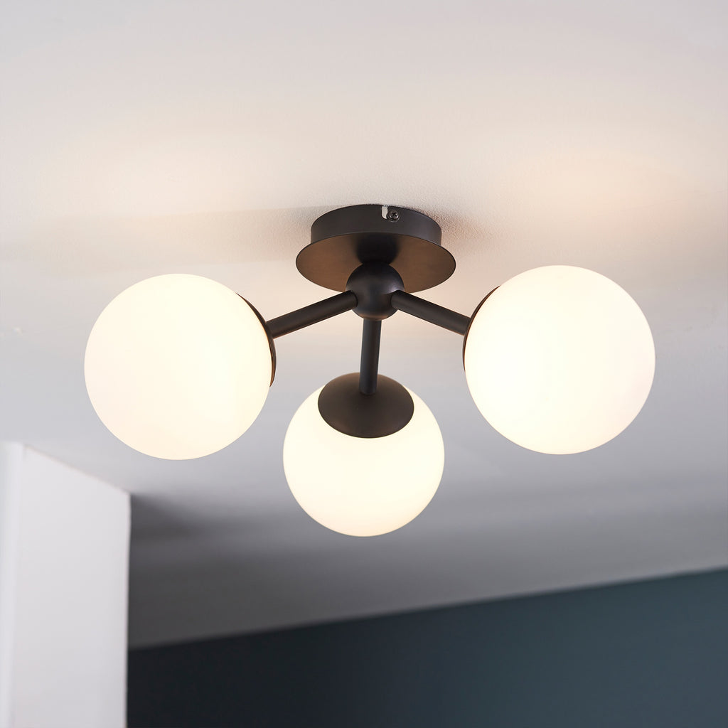 Pulsa IP44 Dimmable Semi-Flush Ceiling Light - Matt Black & White Glass - 3 x G9 Bulb Holders