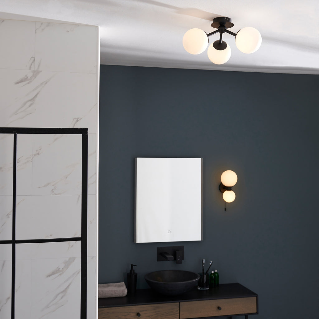 Pulsa IP44 Dimmable Semi-Flush Ceiling Light - Matt Black & White Glass - 3 x G9 Bulb Holders