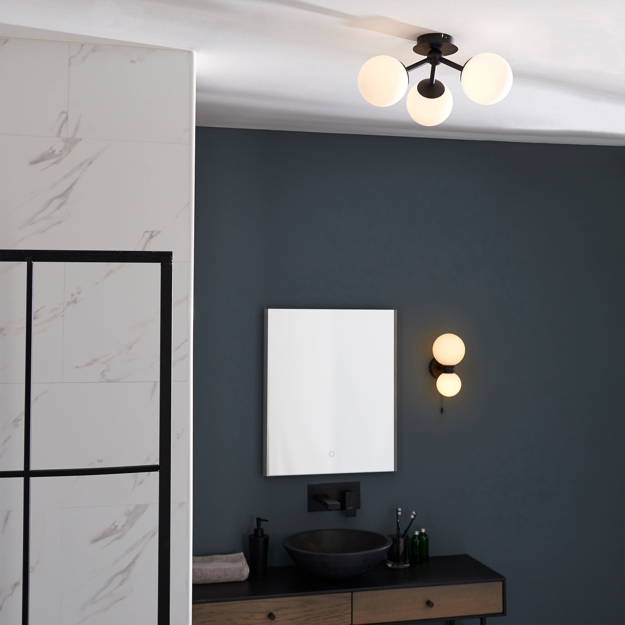 Pulsa IP44 Dimmable Semi-Flush Ceiling Light - Matt Black & White Glass - 3 x G9 Bulb Holders