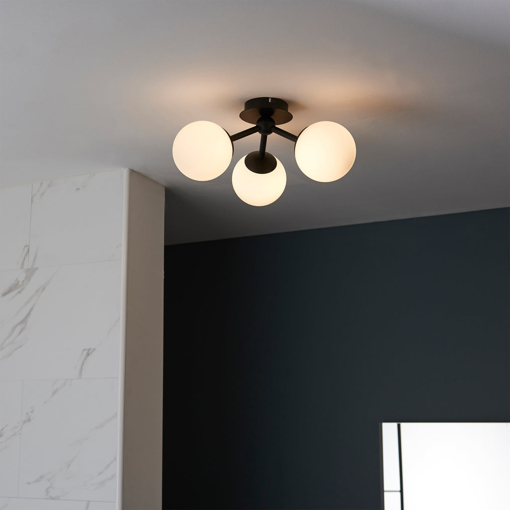 Pulsa IP44 Dimmable Semi-Flush Ceiling Light - Matt Black & White Glass - 3 x G9 Bulb Holders