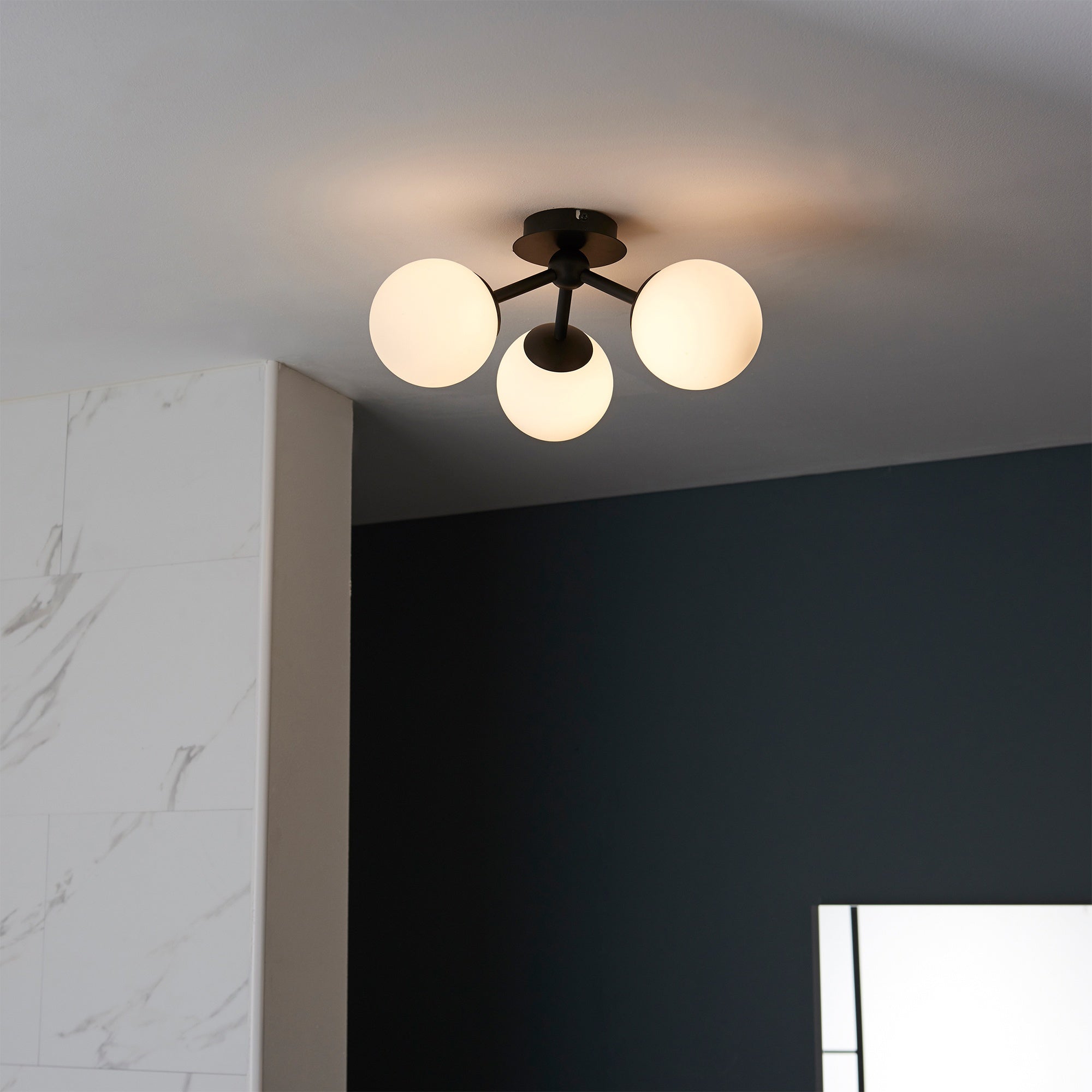 Pulsa IP44 Dimmable Semi-Flush Ceiling Light - Matt Black & White Glass - 3 x G9 Bulb Holders