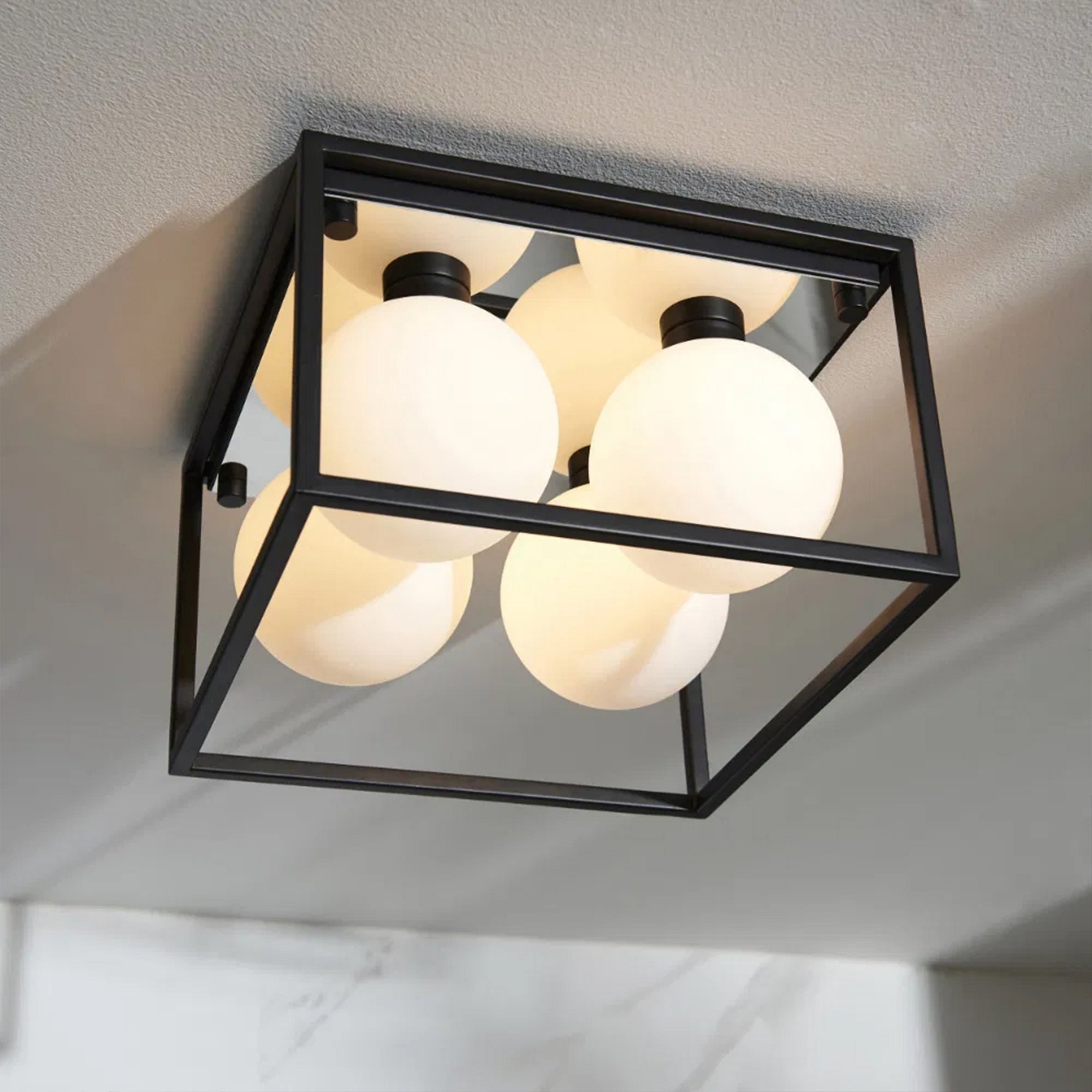 Angular IP44 Black Framed Bathroom Ceiling Light with Opal Glass Orbs for G9 LED Bulbs