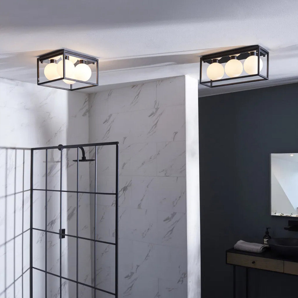 Angular IP44 Black Framed Bathroom Ceiling Light with Opal Glass Orbs for G9 LED Bulbs