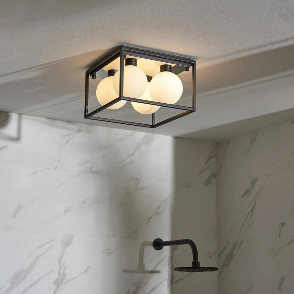 Angular IP44 Black Framed Bathroom Ceiling Light with Opal Glass Orbs for G9 LED Bulbs