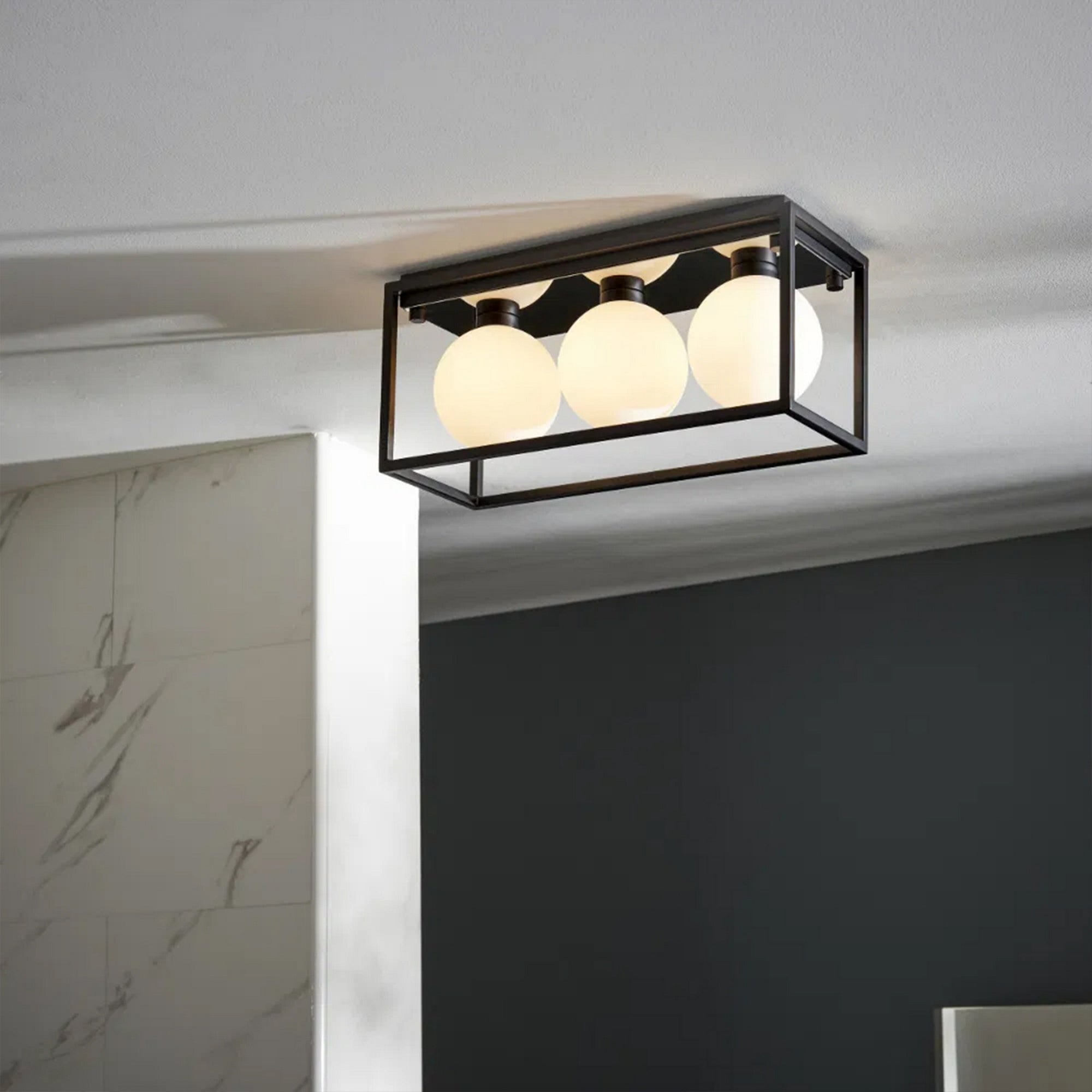 Angular 2 IP44 Black Framed 3-Light Bathroom Ceiling Light with Opal Glass Orbs for G9 LED Bulbs