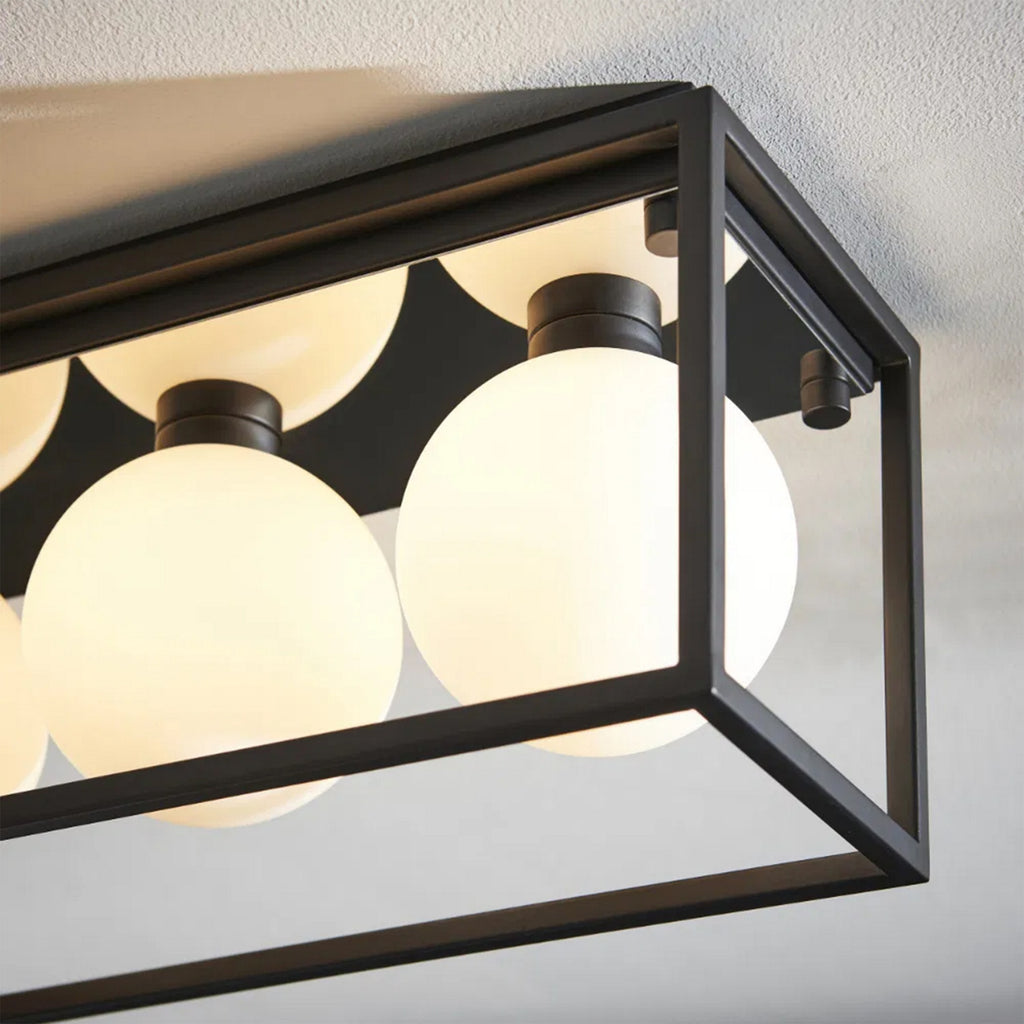 Angular 2 IP44 Black Framed 3-Light Bathroom Ceiling Light with Opal Glass Orbs for G9 LED Bulbs