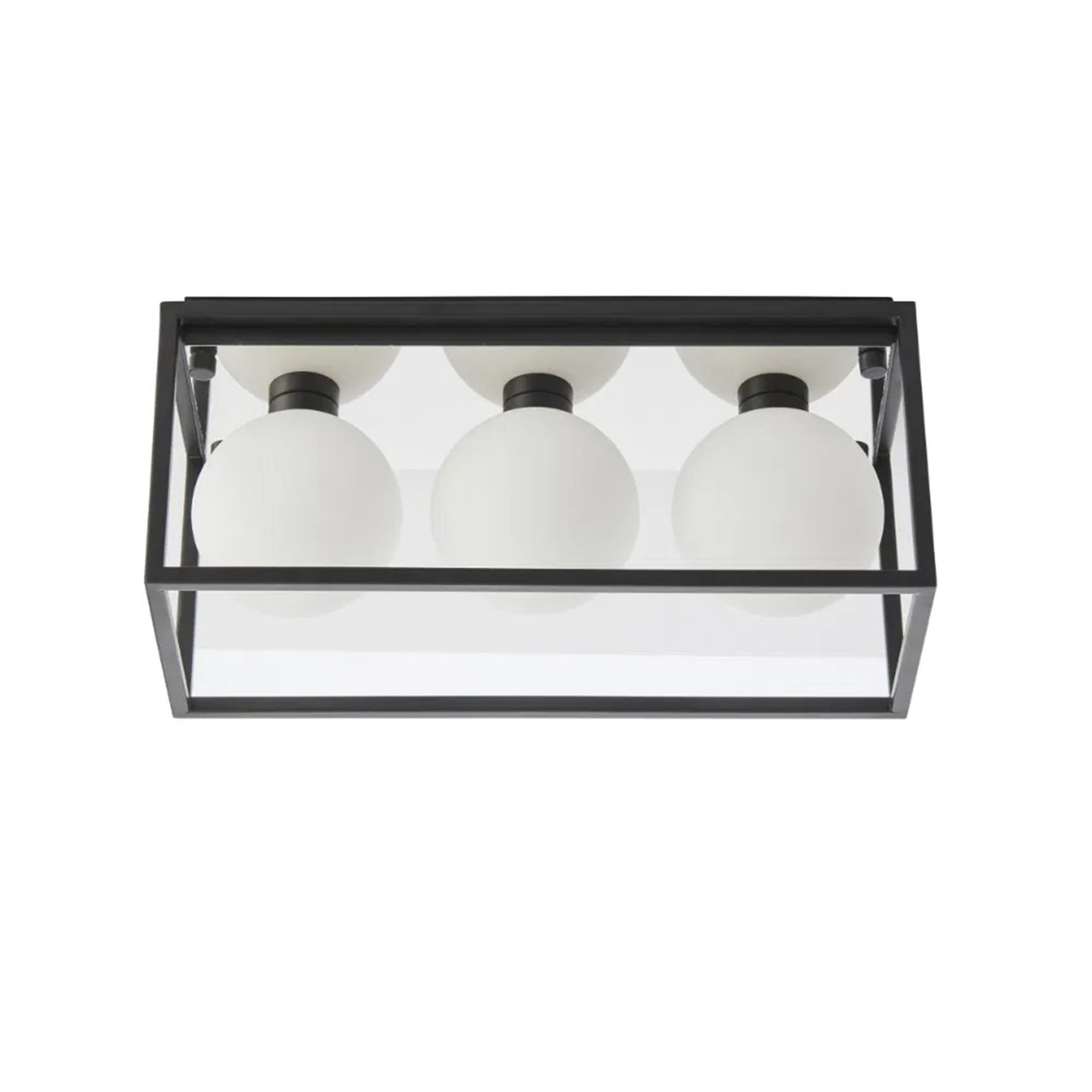 Angular 2 IP44 Black Framed 3-Light Bathroom Ceiling Light with Opal Glass Orbs for G9 LED Bulbs