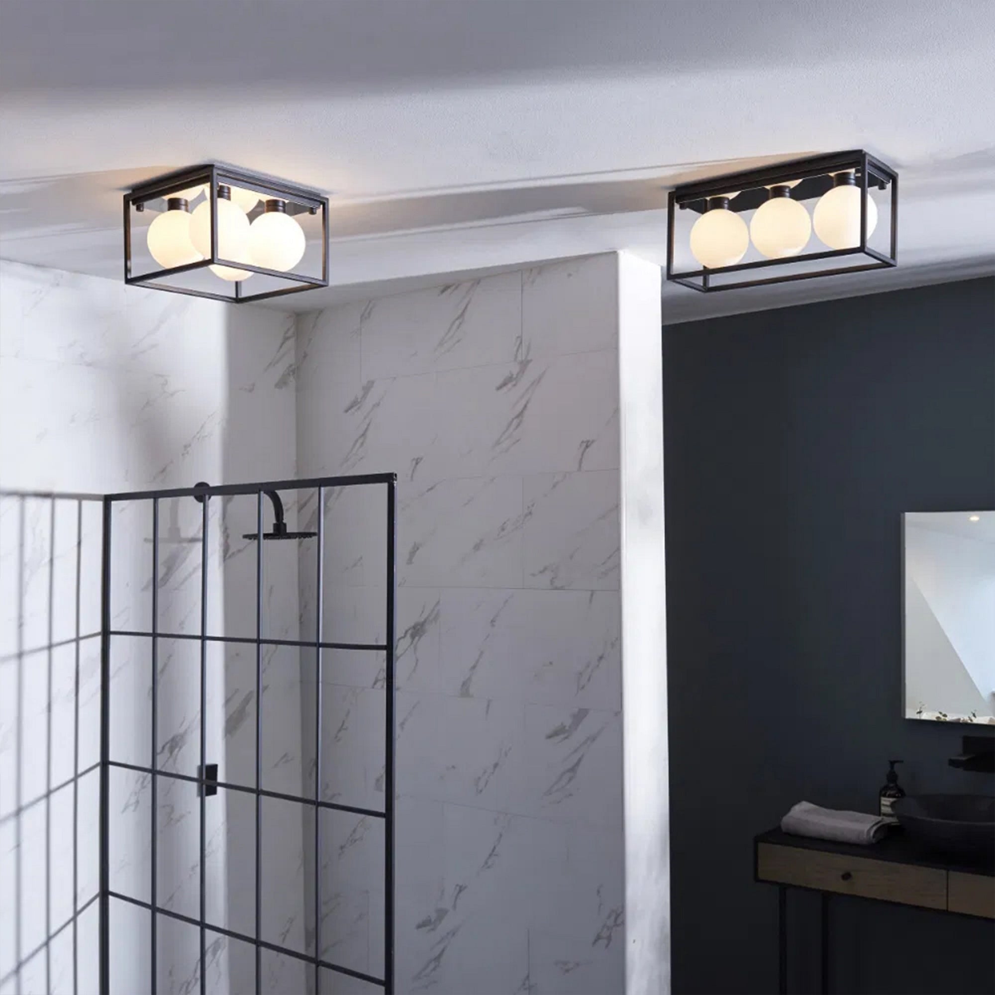 Angular 2 IP44 Black Framed 3-Light Bathroom Ceiling Light with Opal Glass Orbs for G9 LED Bulbs