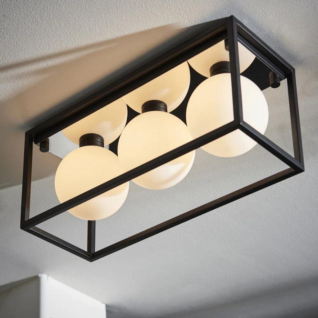 Angular 2 IP44 Black Framed 3-Light Bathroom Ceiling Light with Opal Glass Orbs for G9 LED Bulbs