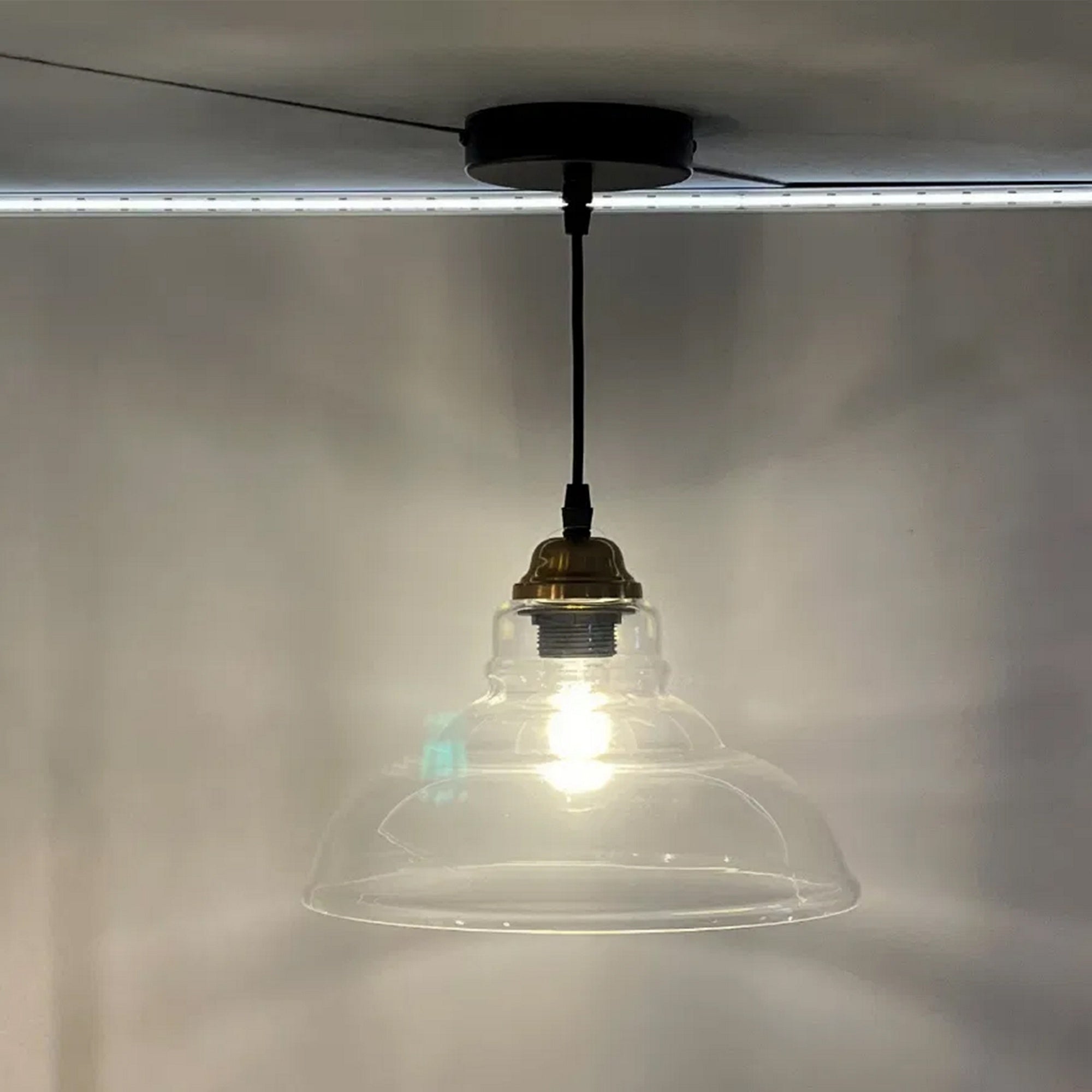 Clyde E27 IP44 Bathroom Pendant Ceiling Light with Clear Glass Shade & Adjustable Black Flex