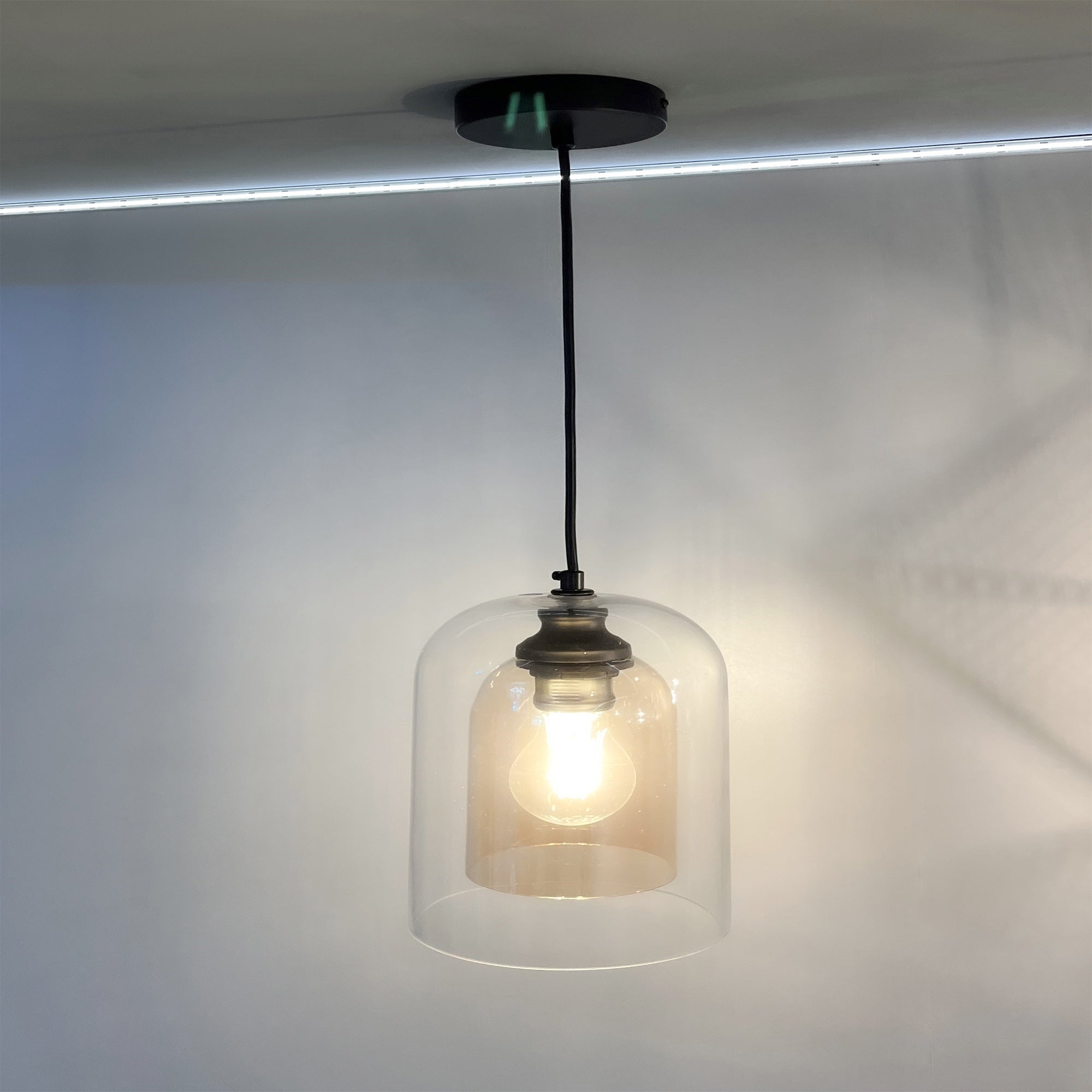 Danube E27 IP44 Contemporary Pendant Light with Clear & Smoky Double Glass Shade and Adjustable Flex