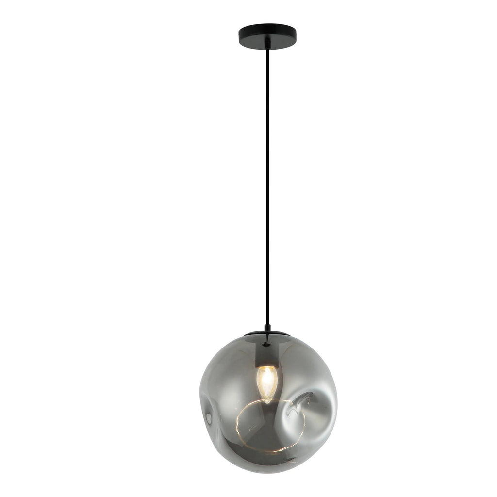 Lena Contemporary Dimpled Smoky Glass Pendant Light, IP44 Bathroom Ceiling Light with 1m Adjustable Black Flex
