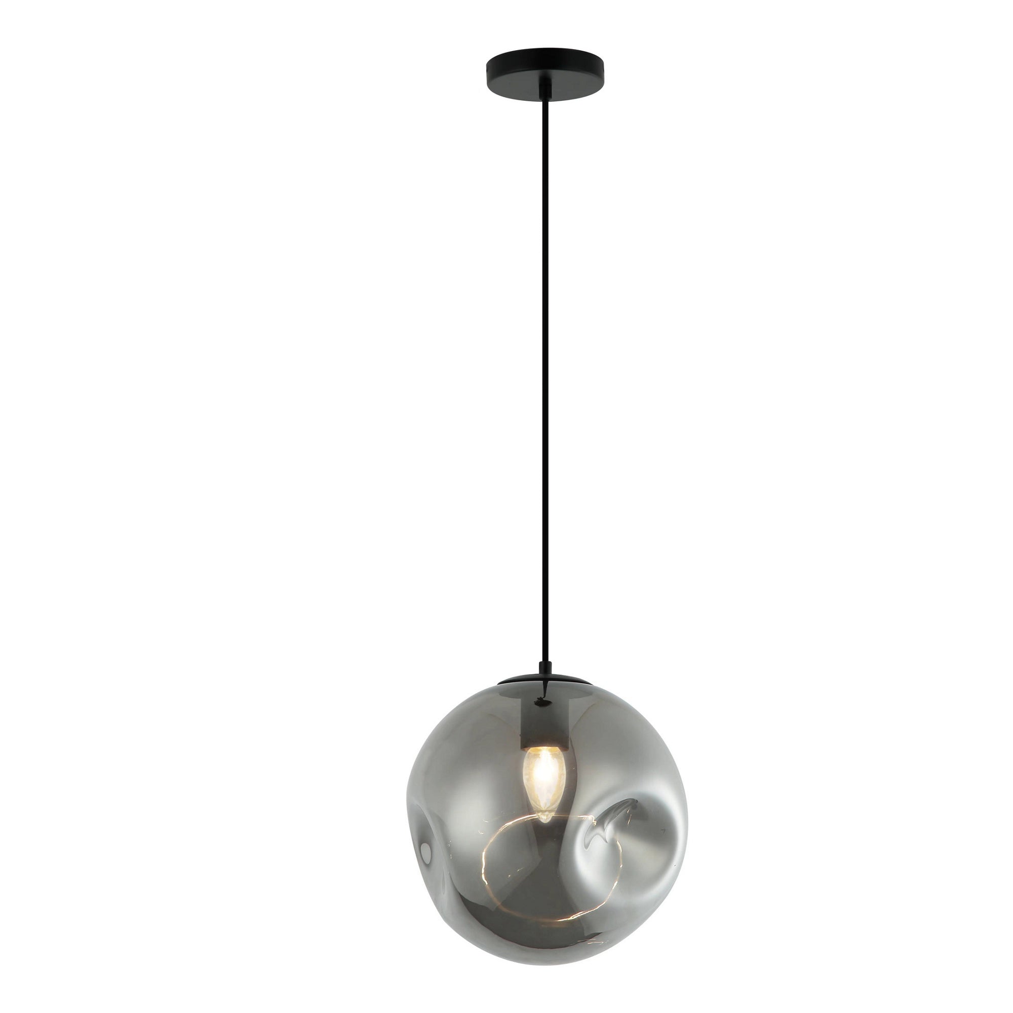 Lena Contemporary Dimpled Smoky Glass Pendant Light, IP44 Bathroom Ceiling Light with 1m Adjustable Black Flex