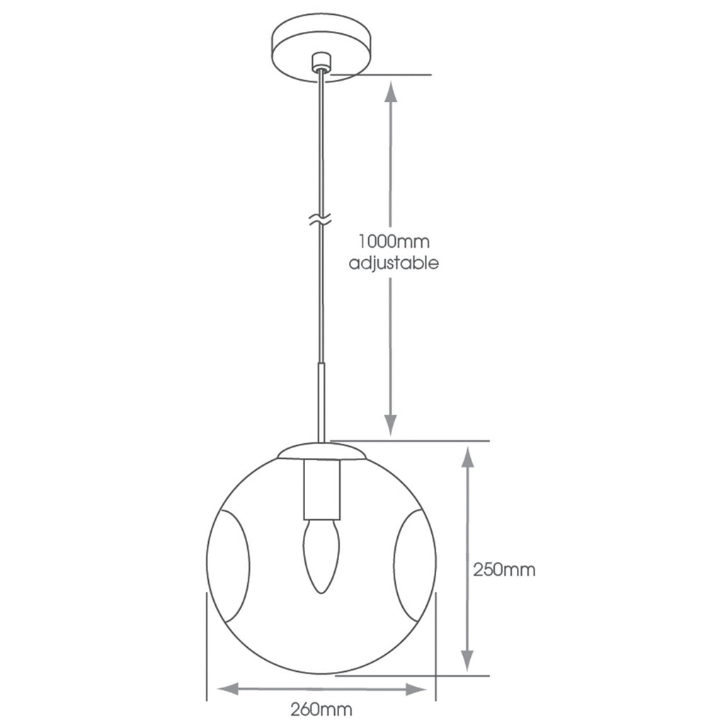 Lena Contemporary Dimpled Smoky Glass Pendant Light, IP44 Bathroom Ceiling Light with 1m Adjustable Black Flex