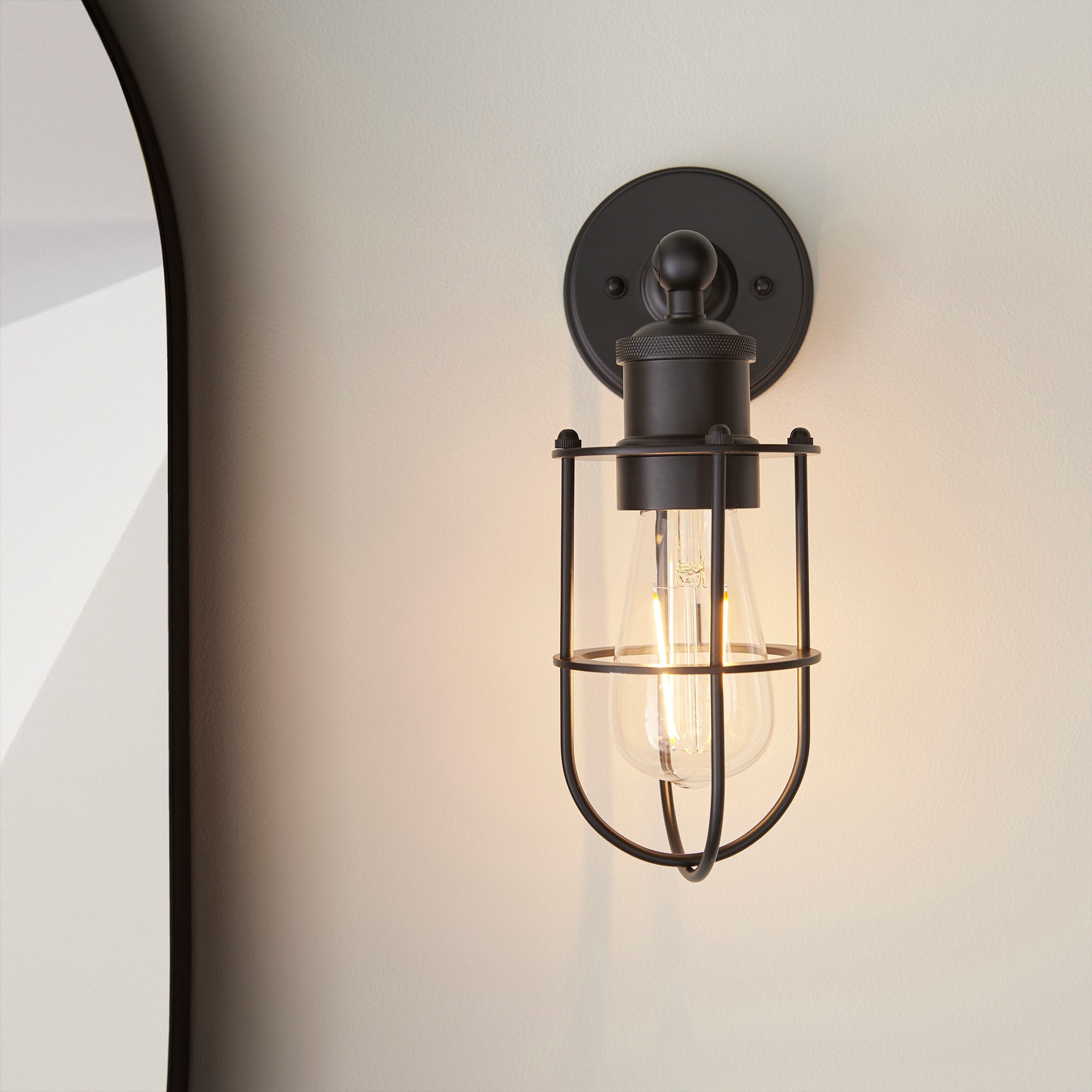 Matt Black Caged Industrial Wall Light with Pull Switch, IP44 Bathroom Rated, E27 LED Compatible
