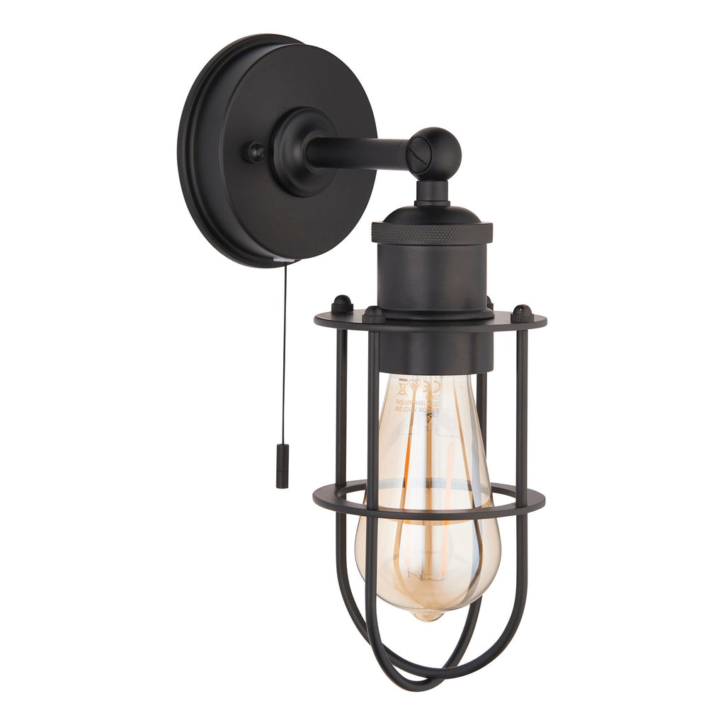 Matt Black Caged Industrial Wall Light with Pull Switch, IP44 Bathroom Rated, E27 LED Compatible