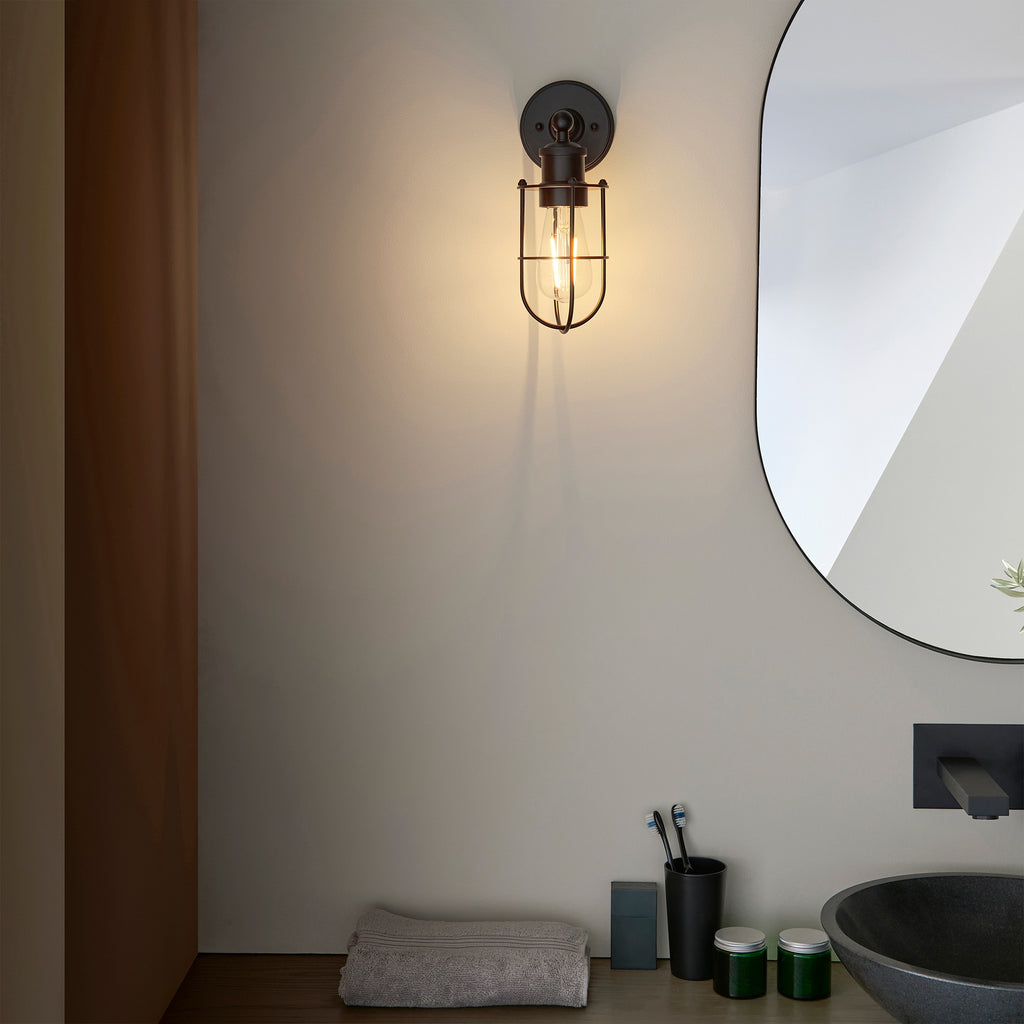 Matt Black Caged Industrial Wall Light with Pull Switch, IP44 Bathroom Rated, E27 LED Compatible