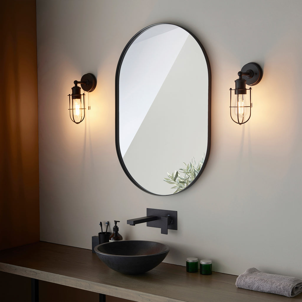 Matt Black Caged Industrial Wall Light with Pull Switch, IP44 Bathroom Rated, E27 LED Compatible