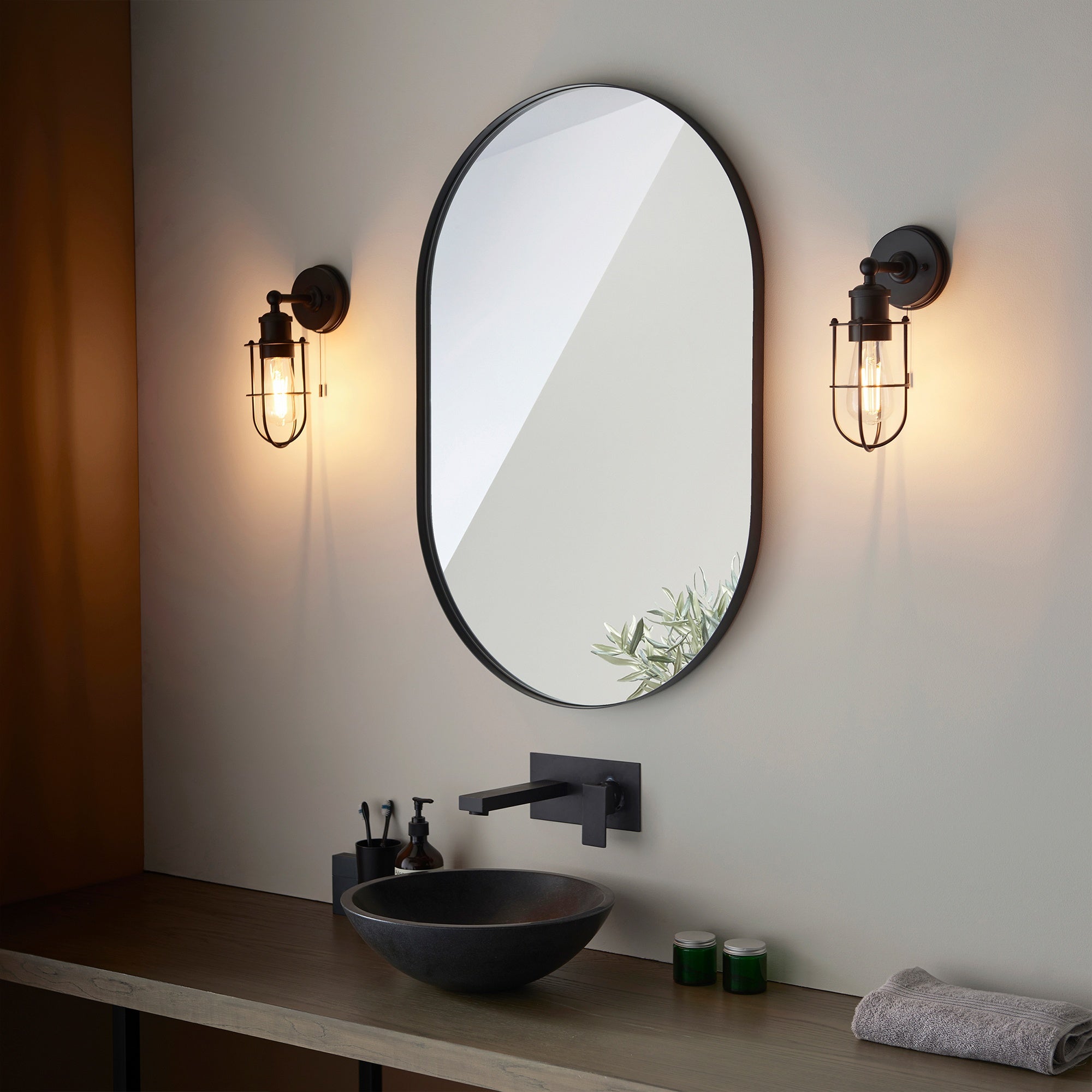 Matt Black Caged Industrial Wall Light with Pull Switch, IP44 Bathroom Rated, E27 LED Compatible