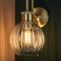 Arch Wall Light: Satin Brass Plated, Clear Ribbed Glass - E27 LED Compatible, IP44 Bathroom Rated