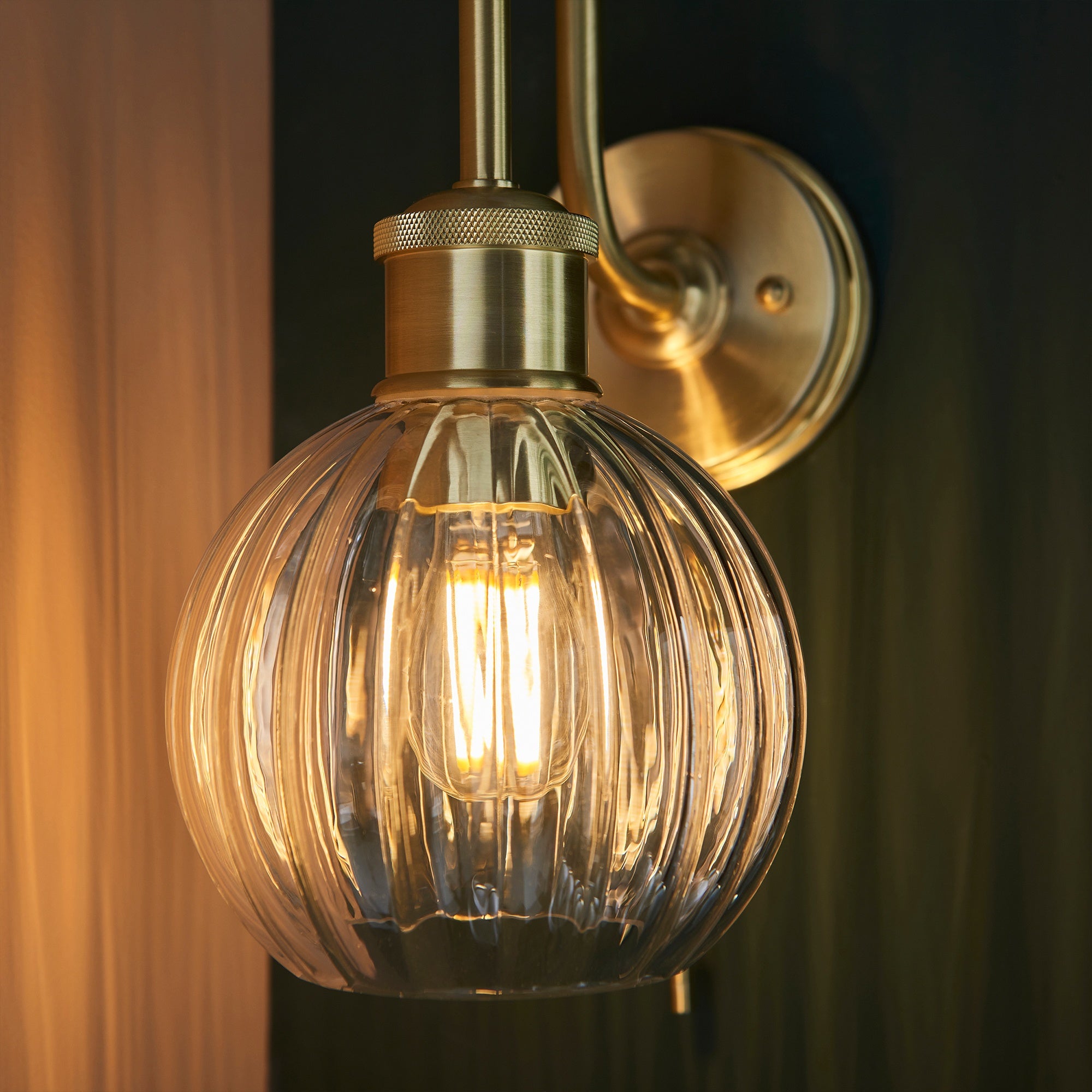 Arch Wall Light: Satin Brass Plated, Clear Ribbed Glass - E27 LED Compatible, IP44 Bathroom Rated