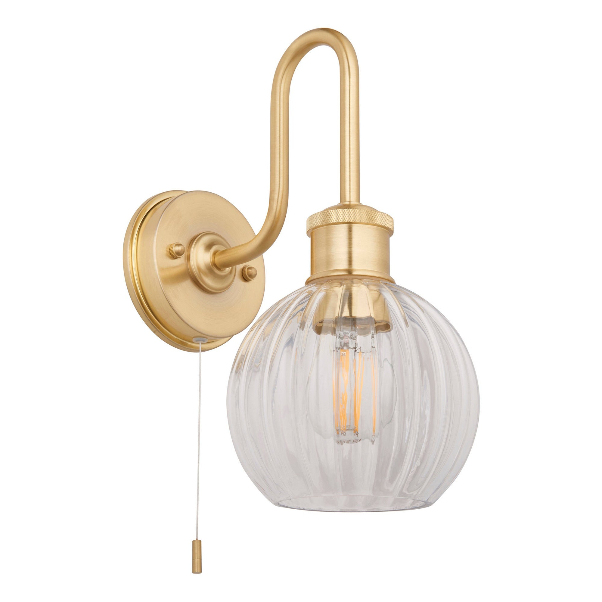 Arch Wall Light: Satin Brass Plated, Clear Ribbed Glass - E27 LED Compatible, IP44 Bathroom Rated