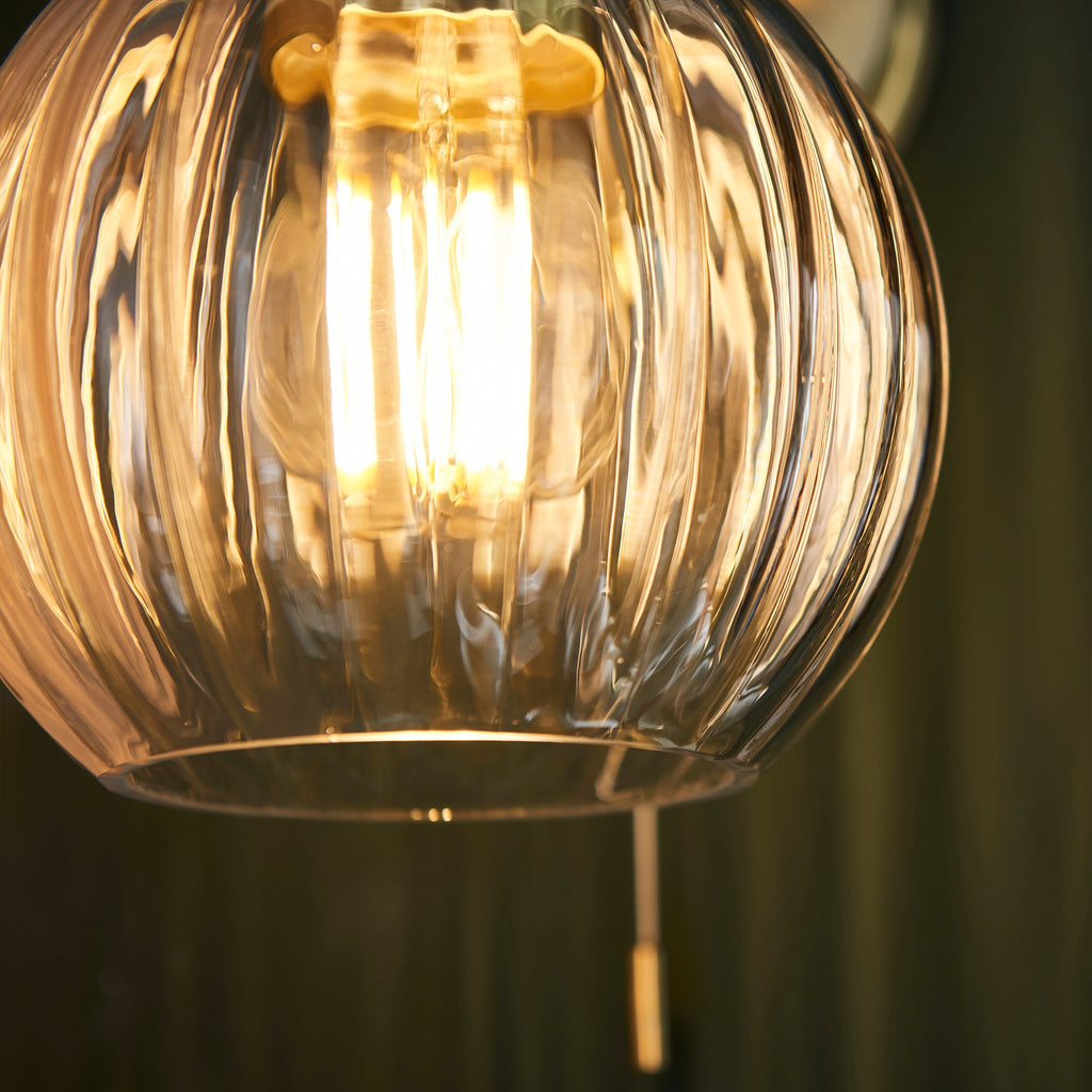 Arch Wall Light: Satin Brass Plated, Clear Ribbed Glass - E27 LED Compatible, IP44 Bathroom Rated