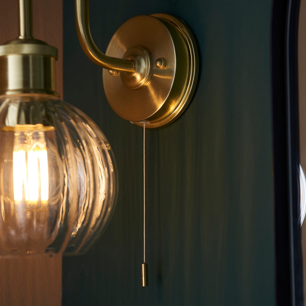 Arch Wall Light: Satin Brass Plated, Clear Ribbed Glass - E27 LED Compatible, IP44 Bathroom Rated