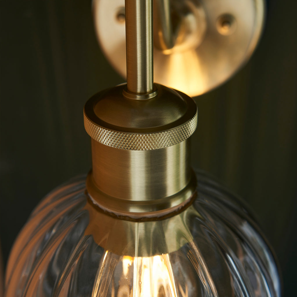 Arch Wall Light: Satin Brass Plated, Clear Ribbed Glass - E27 LED Compatible, IP44 Bathroom Rated