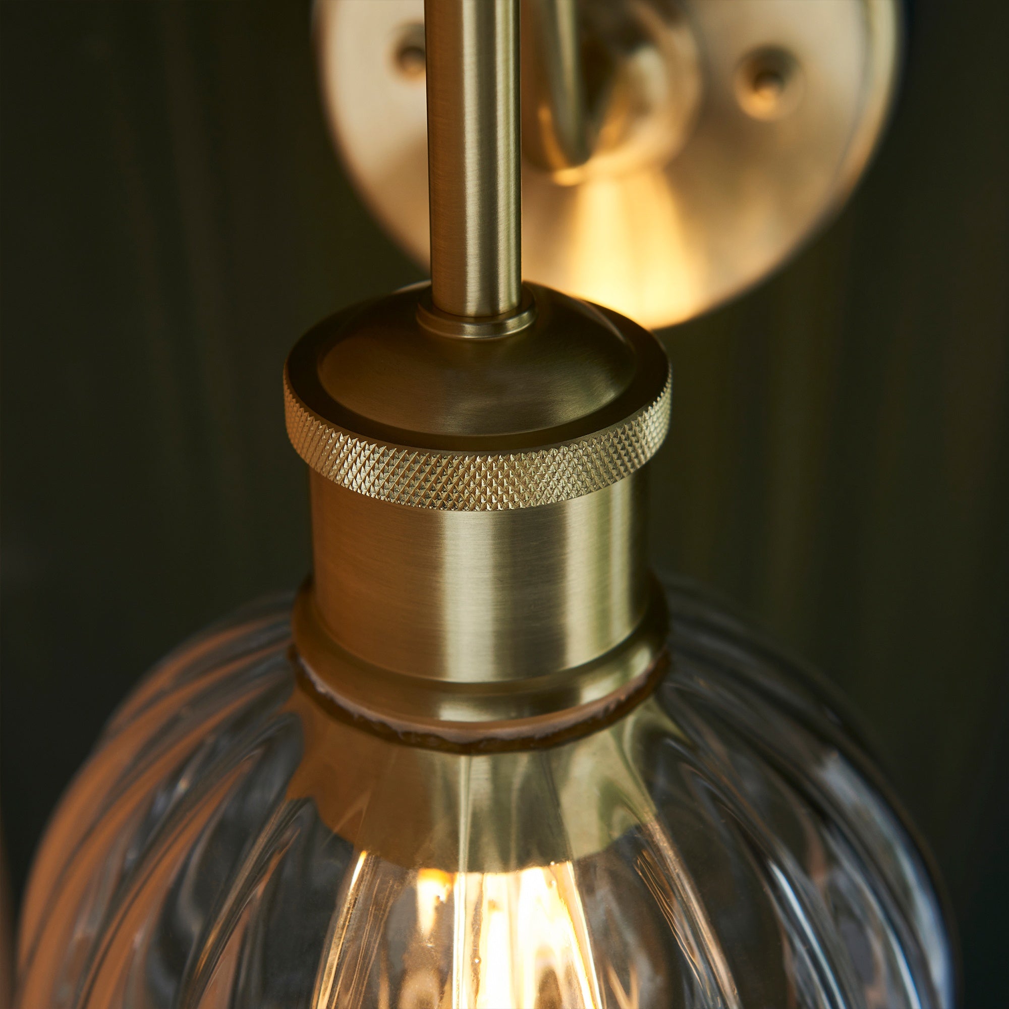 Arch Wall Light: Satin Brass Plated, Clear Ribbed Glass - E27 LED Compatible, IP44 Bathroom Rated
