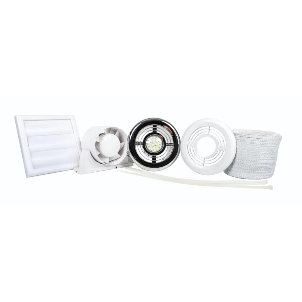 Inline Axial LED Shower Extractor Fan Kit with Adjustable Timer, Cool White Light & IP45 Rating for Bathrooms
