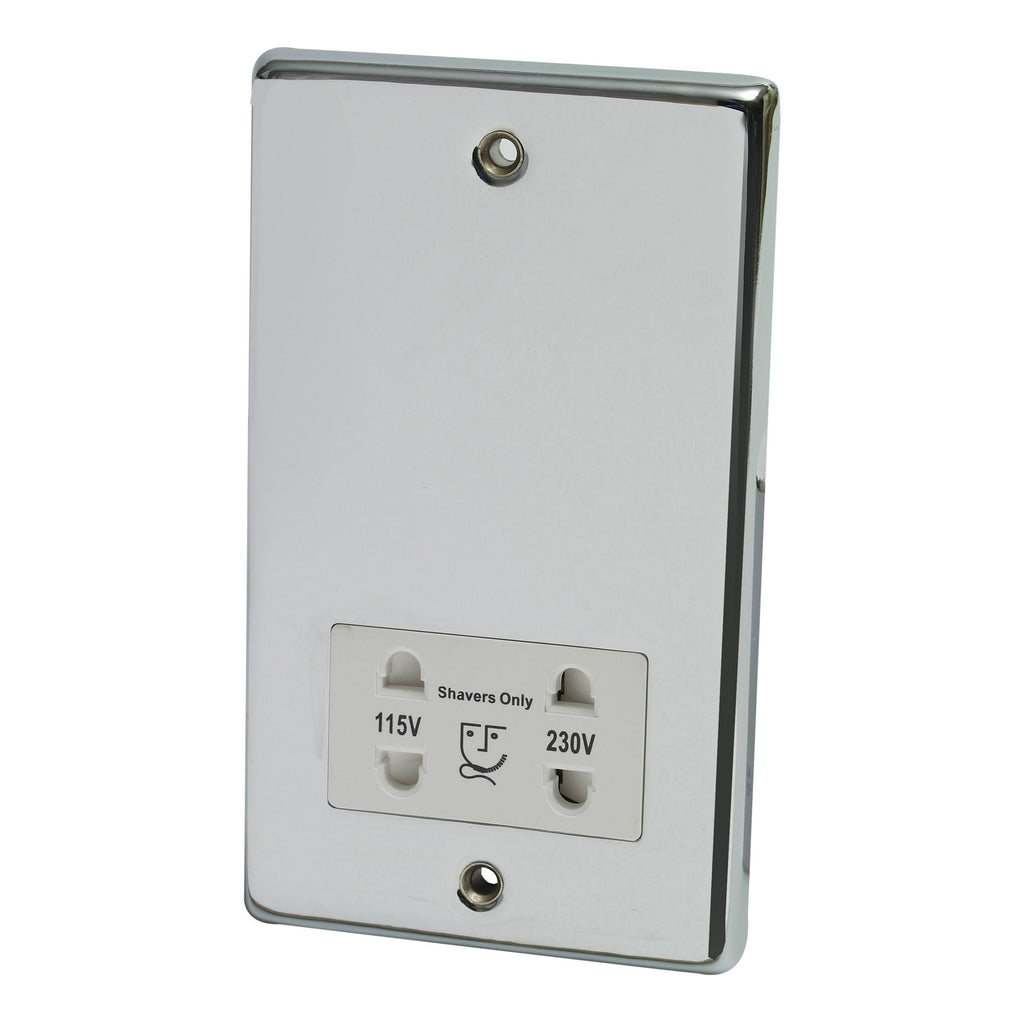 Chrome Dual Voltage Bathroom Shaver Socket, 110V & 240V Outlets, BS7671 Compliant