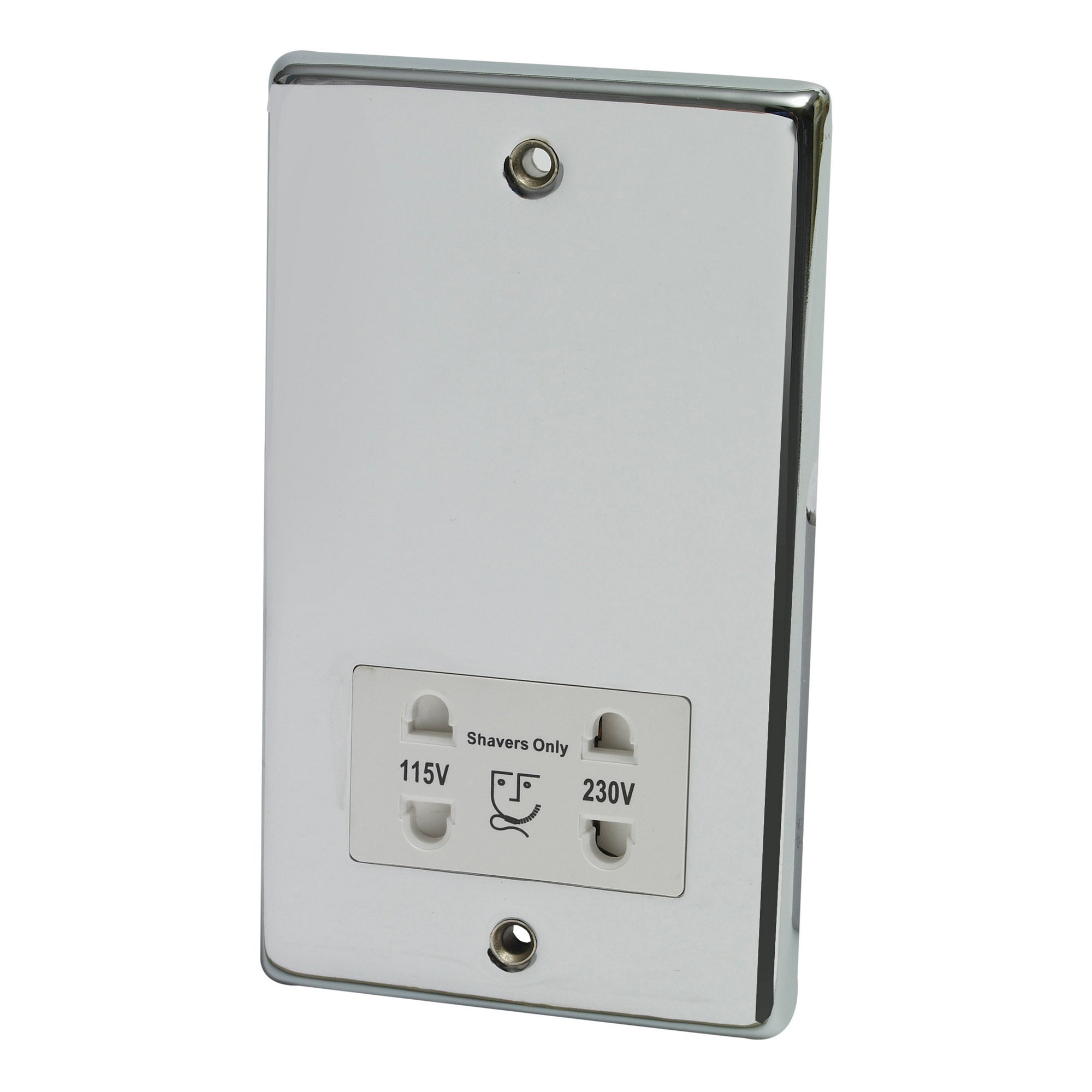 Chrome Dual Voltage Bathroom Shaver Socket, 110V & 240V Outlets, BS7671 Compliant