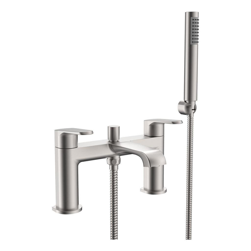 FNX Bathrooms Lunaris Brushed Nickel Deck Mounted Bath Shower Mixer Tap with Handset Kit - Modern Design