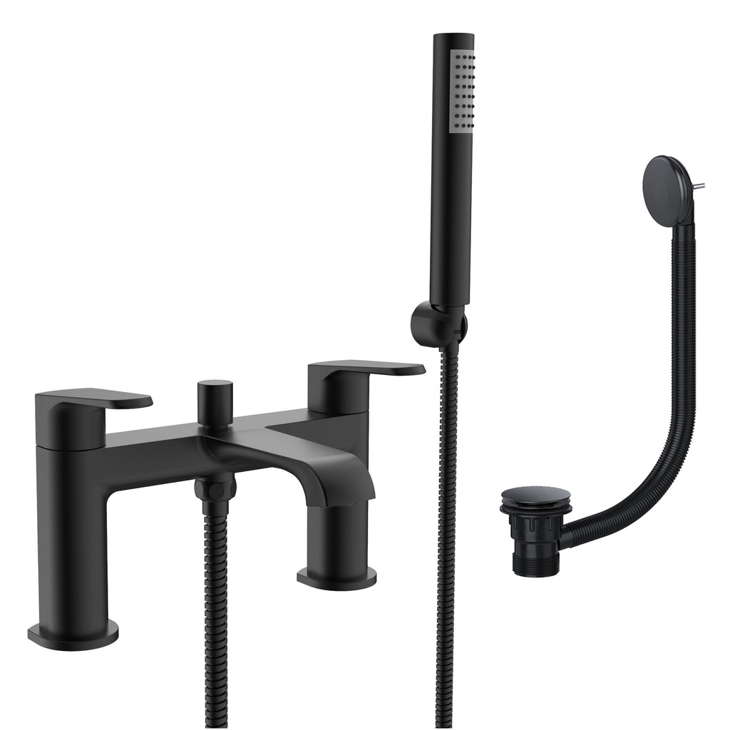 Lunaris Matt Black Deck Mounted Bath Shower Mixer Tap & Waste Set - Modern, Durable Brass
