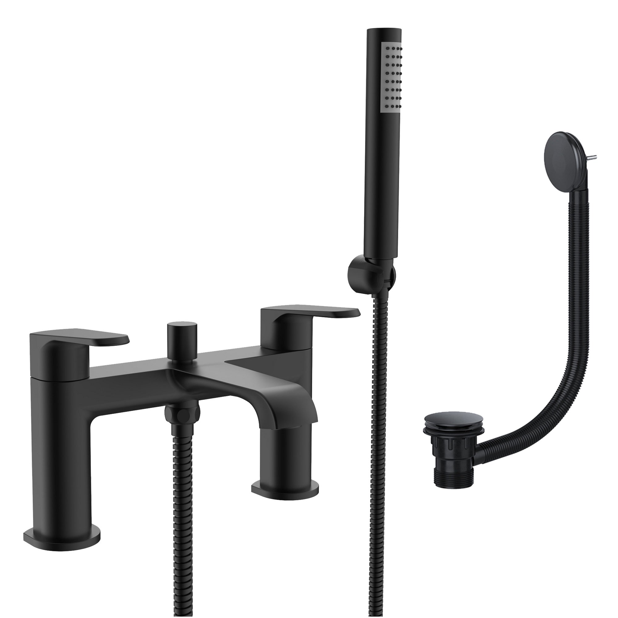 Lunaris Matt Black Deck Mounted Bath Shower Mixer Tap & Waste Set - Modern, Durable Brass