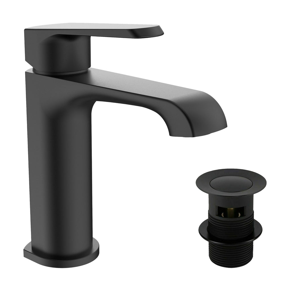 Lunaris Matt Black Mono Basin Mixer Tap with Slotted Waste - Deck Mounted, Ceramic Cartridge