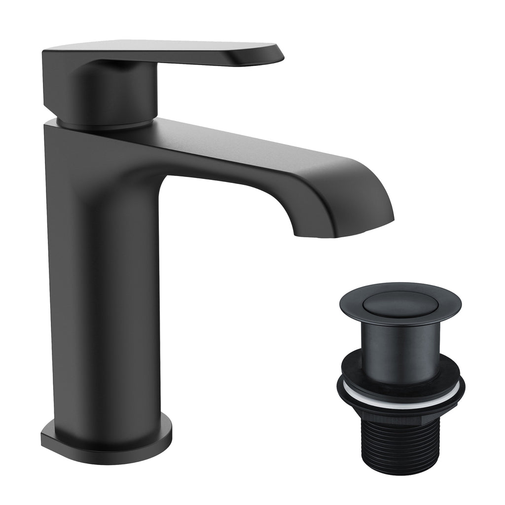 Lunaris Matt Black Mini Mono Basin Mixer Tap, Deck Mounted with Unslotted Waste