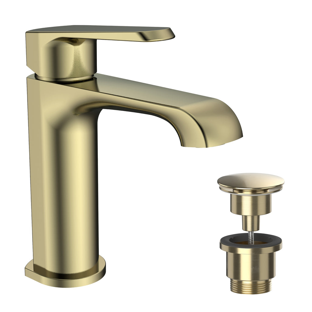Lunaris Brushed Brass Mini Mono Basin Mixer Tap with Universal Waste - Deck Mounted