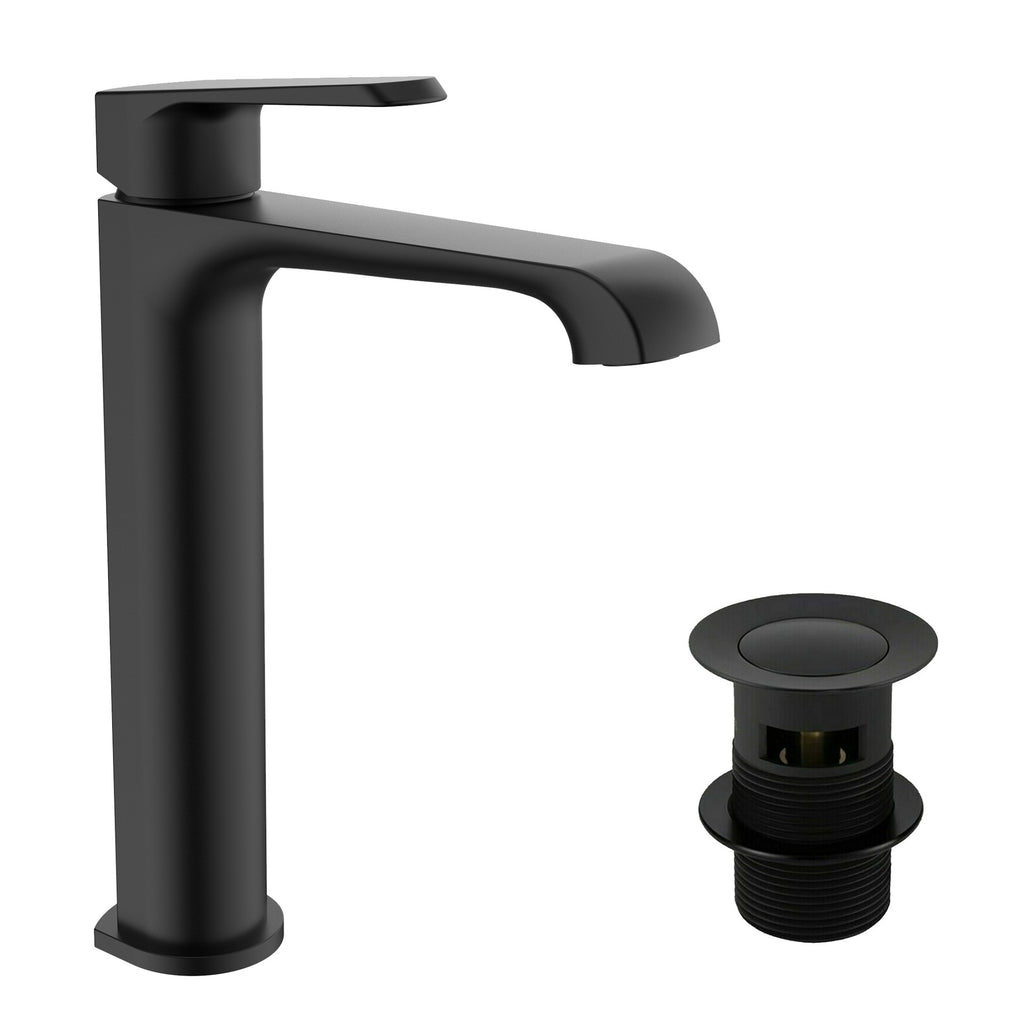 Lunaris Matt Black Tall Basin Mixer Tap with Slotted Waste - Deck Mounted for Modern Bathrooms