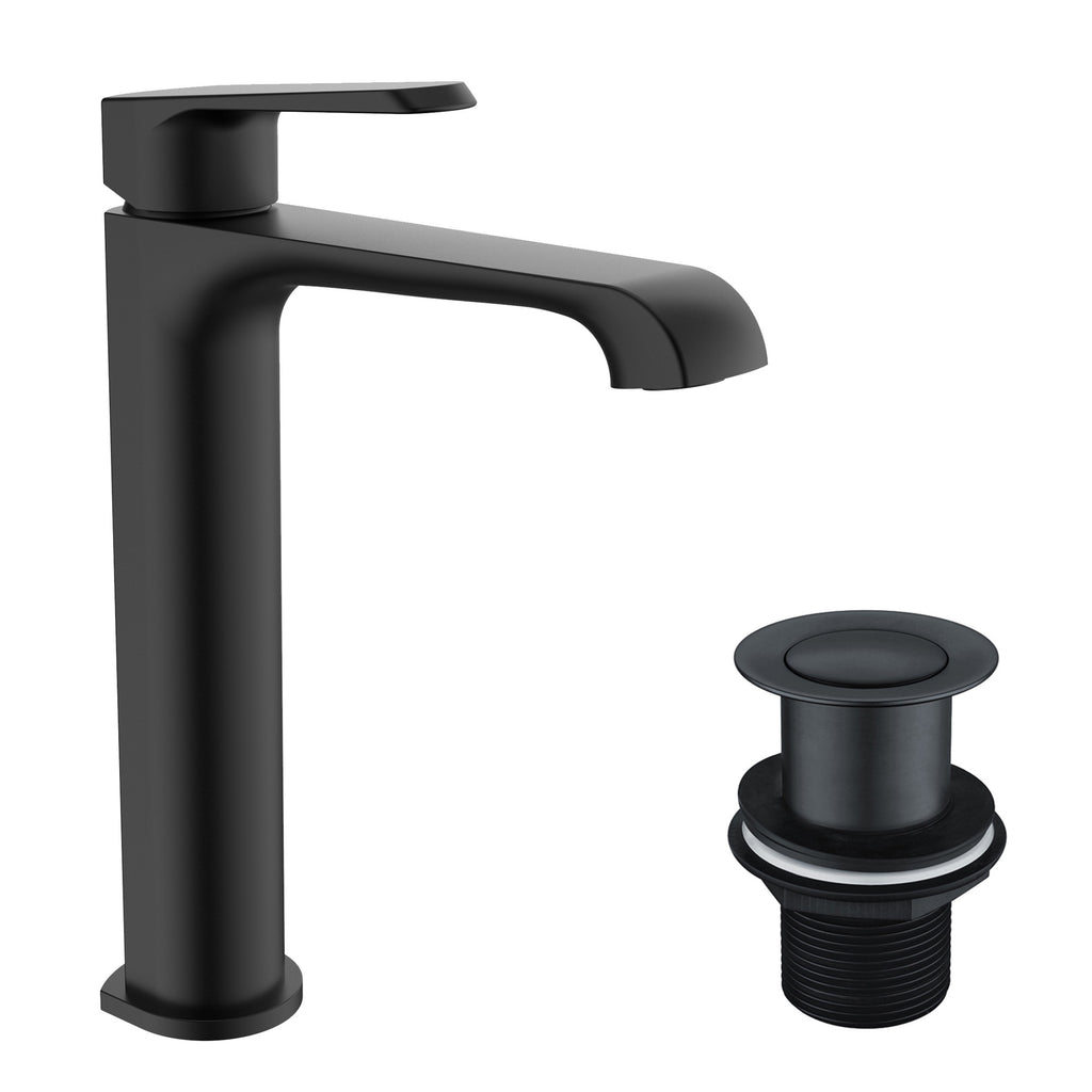 Lunaris Matt Black Tall Mono Basin Mixer Tap with Unslotted Waste - Perfect for Countertop Basins