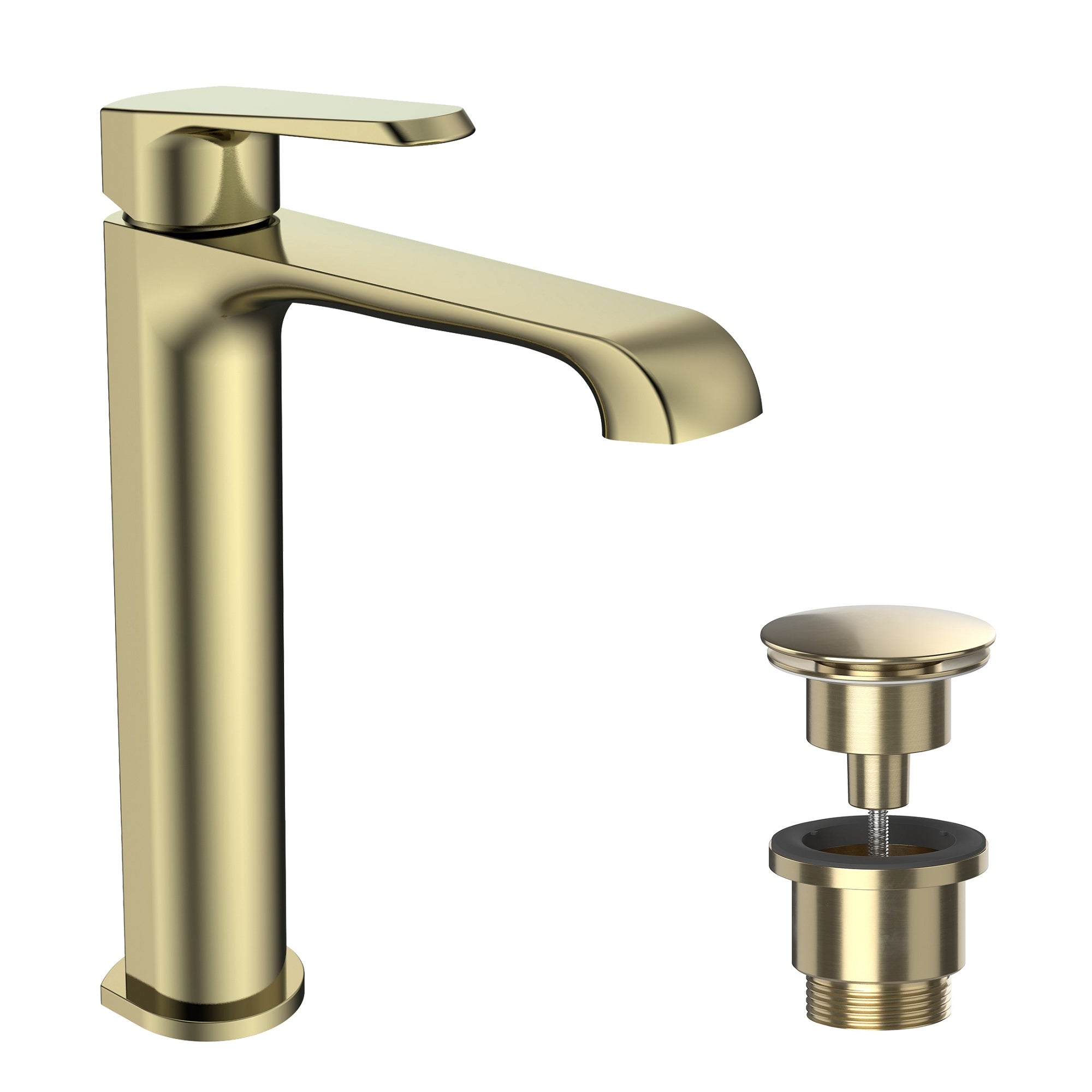 FNX Bathrooms Lunaris Brushed Brass Tall Mono Basin Mixer Tap with Universal Basin Waste - Deck Mounted