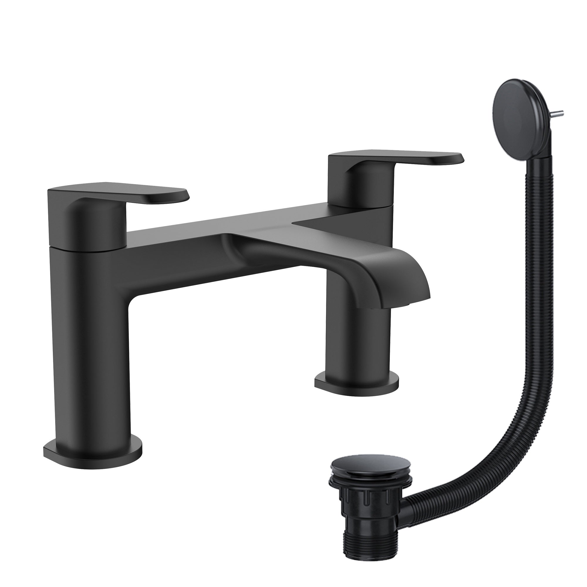 Lunaris Matt Black 2-Hole Deck Mounted Bath Filler Mixer Tap with Matching Waste