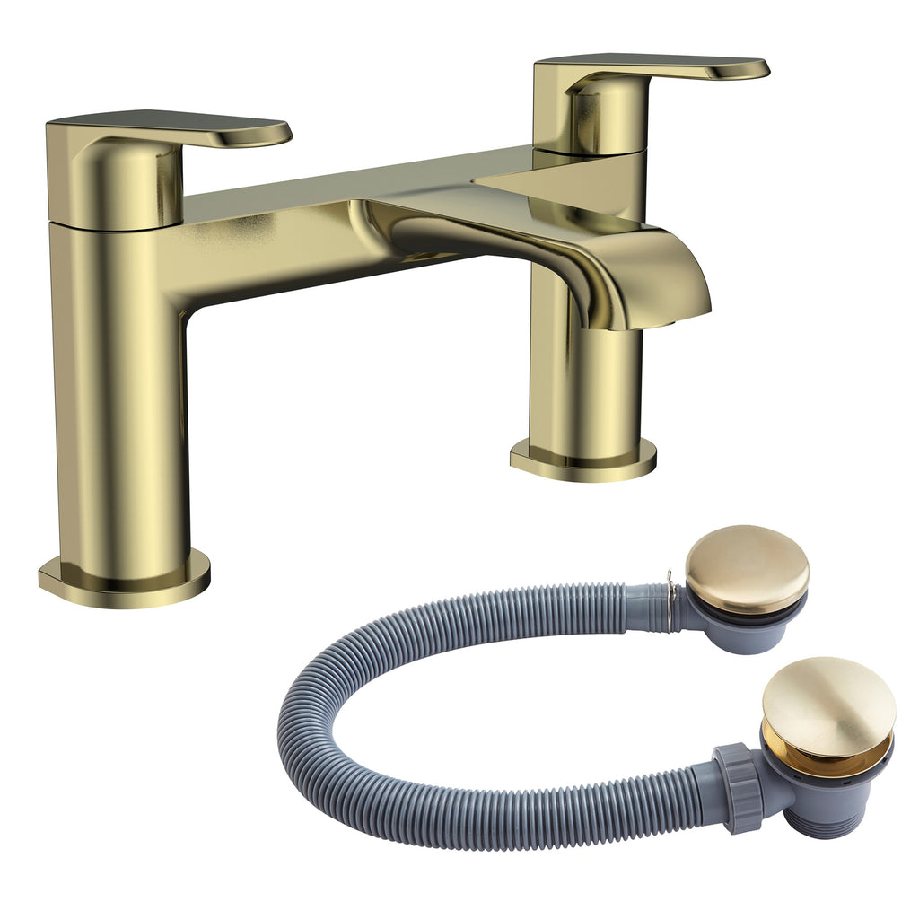 Lunaris Brushed Brass Deck Mounted Bath Filler Mixer Tap with Matching Waste