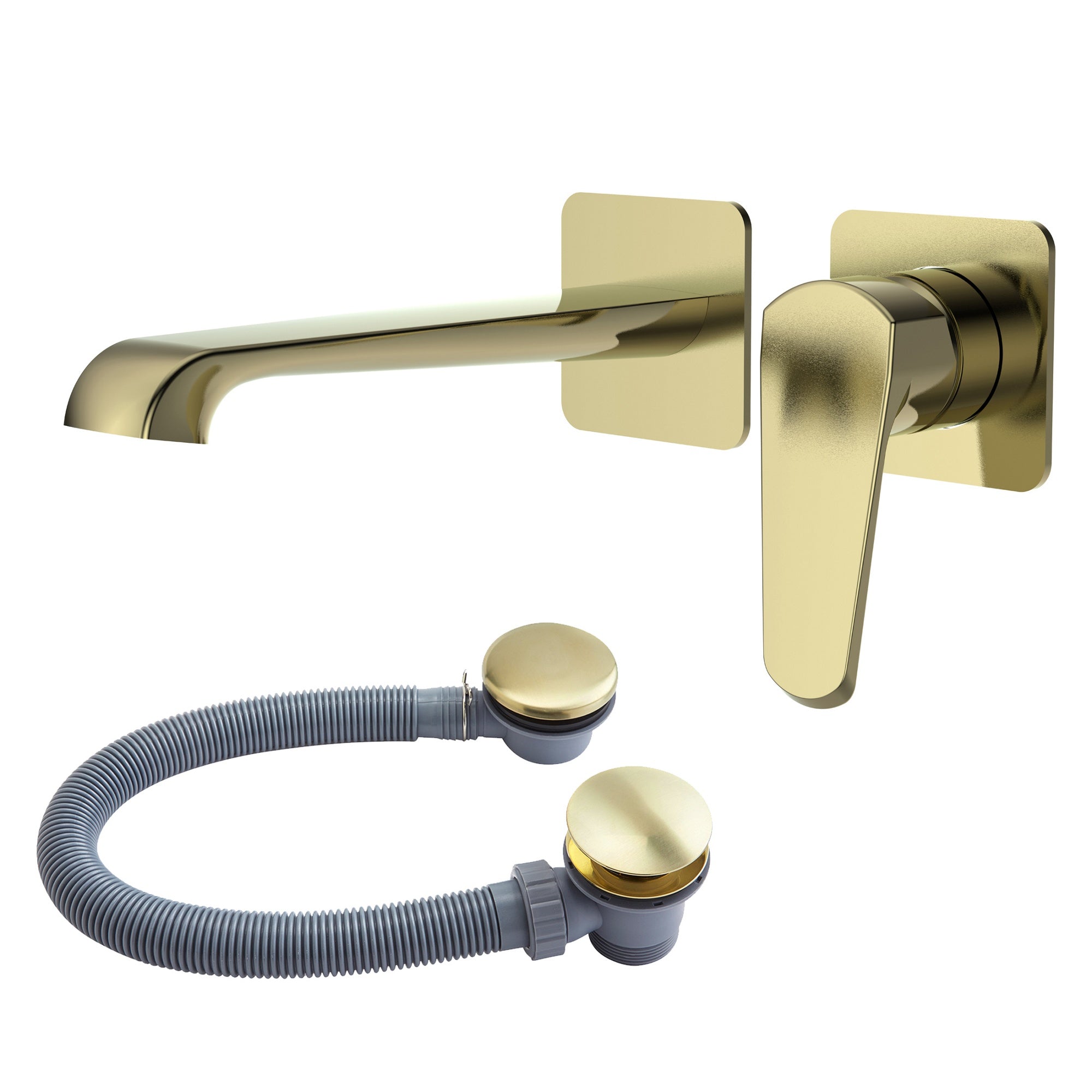 FNX Lunaris Brushed Brass Wall Mounted Bath Filler Mixer Tap with Matching Waste - Modern DIY Bath Solution