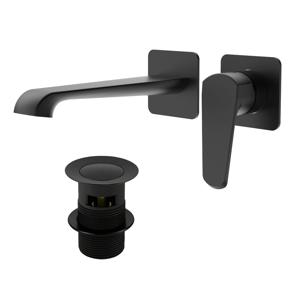 Lunaris Matt Black Wall Mounted Basin Mixer Tap & Slotted Waste for Modern Bathrooms