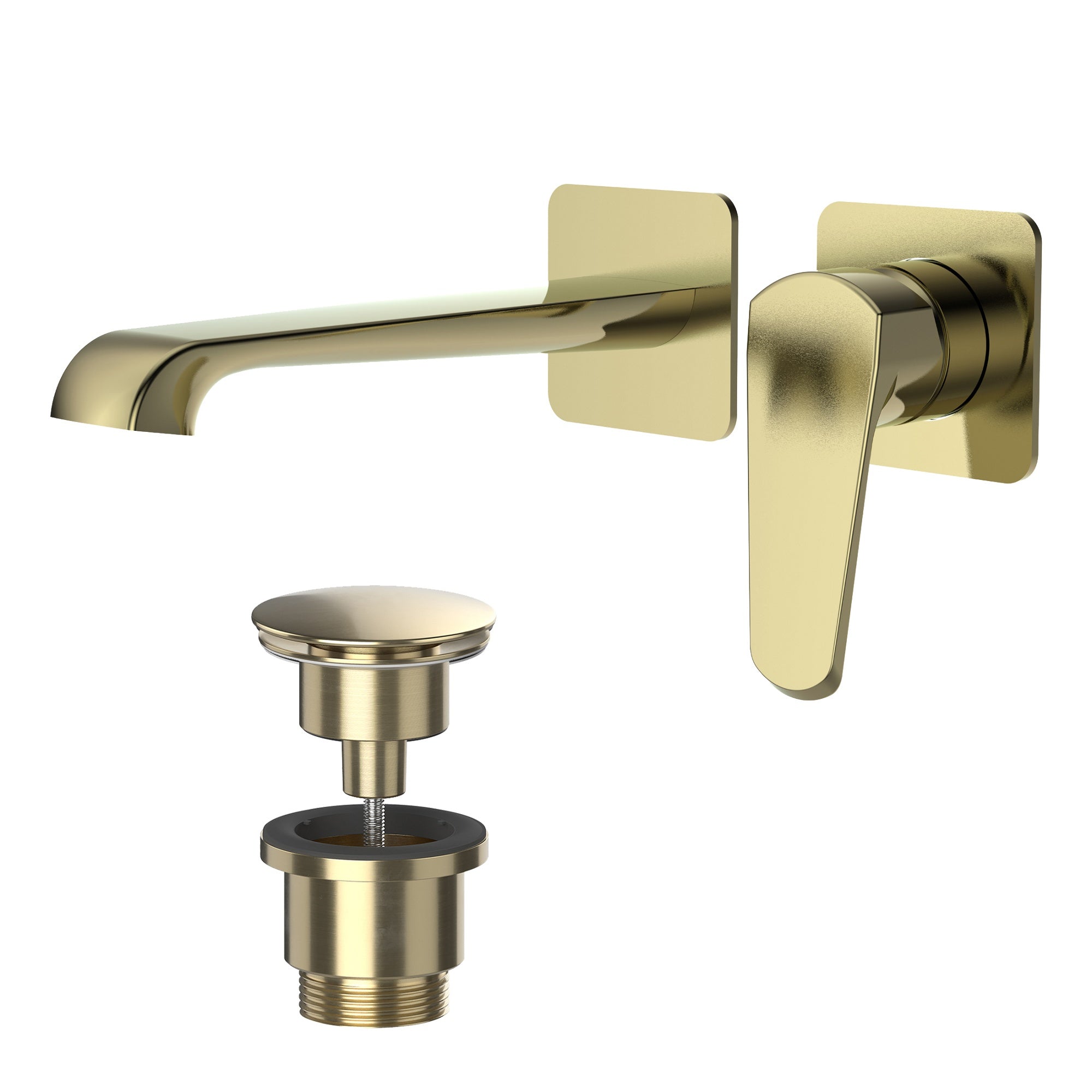 Lunaris Brushed Brass Wall-Mounted Basin Mixer Tap & Universal Waste Set - Modern & Easy Install