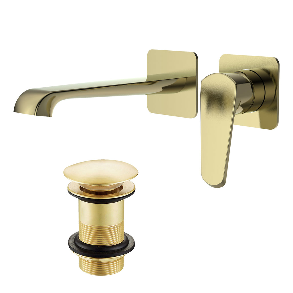 Lunaris Brushed Brass Wall-Mounted Basin Mixer Tap with Unslotted Waste